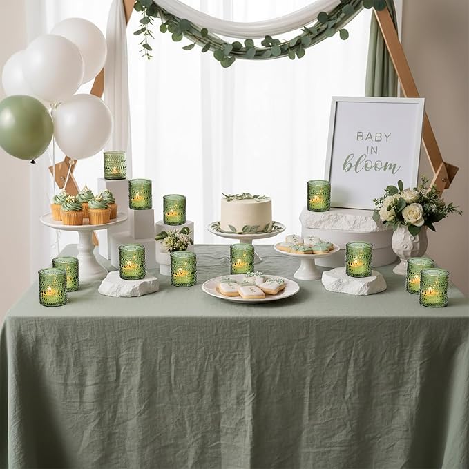 30 Pcs Green Votive Candle Holders, Glass Tea Lights Holder with Polka Dot Embossed, Vintage Candle Holder for Weddings, Home Decor, Baby Shower, Special Occasions