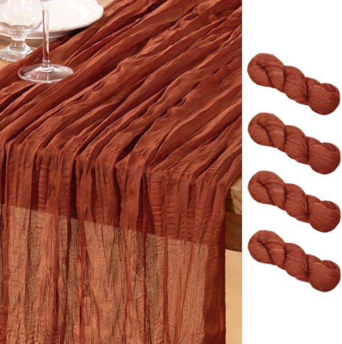DeZerlor Terracotta Cheesecloth Table Runner Burnt Orange 4 Pack Spring Easter Table Runners 120 Inches Rust Cheese Cloth Table Decor for Wedding Bridal Baby Shower Parties