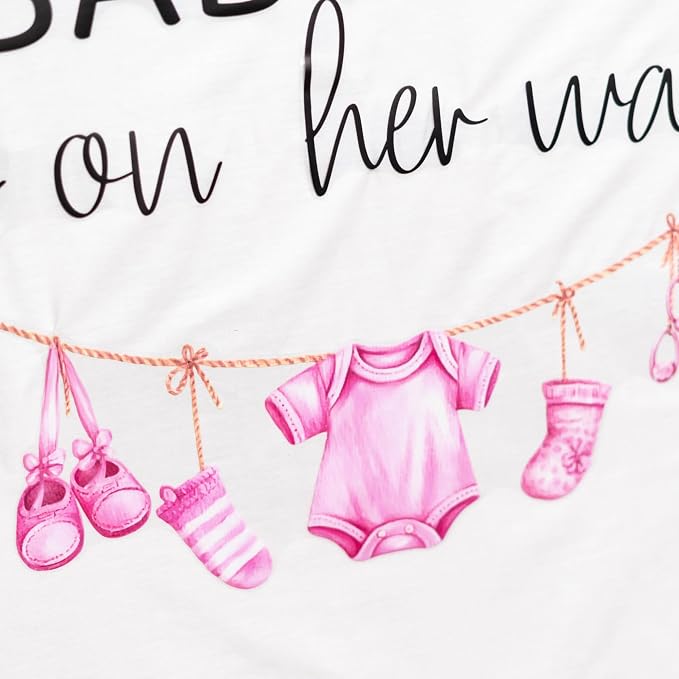 A Sweet Baby Girl is On Her Way Decal - Baby Girl Nursery Wall Decal, Pink Clothesline Design, Gender Reveal Party Decoration (Pink)