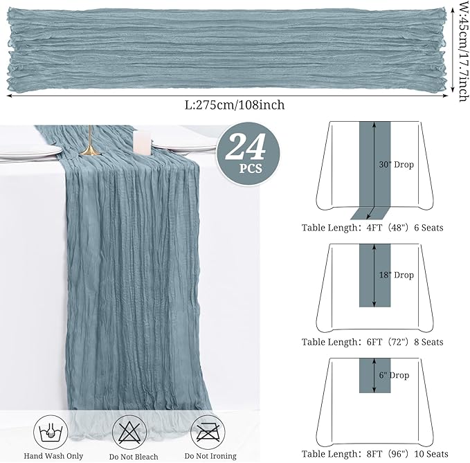 24 Pack Dusty Blue Cheesecloth Table Runner,Gauze Boho Long Cheese Cloth Table Runner 17x108 inch Rustic Table Runners for Wedding Party Bridal Shower Banquet Table Decorations