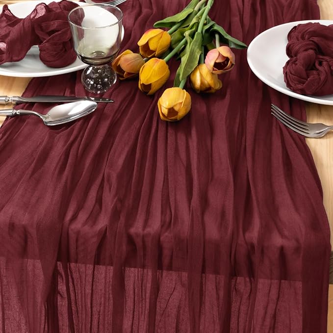 MLMC Burgundy Red Table Runner 10ft Wine Red Cheesecloth Table Runner Sheer Gauze Cheese Cloth Centerpiece 35x120 Inches for Wedding Bridal Shower Anniversary Events Decor