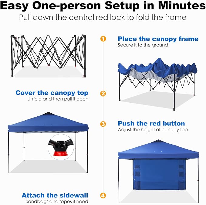 GAFETE 10×10 Pop Up Canopy Tent with 1 Pockets Sidewall, Easy up Sun Shade with One Push Setup, Portable Instant Outdoor Canopy Tent for Events Parties Camping with Carrying Bag (Navy, 10x10 FT)