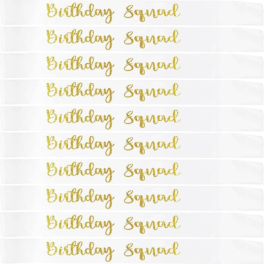 10Pcs Birthday Squad Sash Gold Glitter White Satin Sashes Funny Birthday Sashes Birthday Party Supplies Gifts