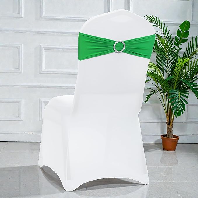 VDS - Light Green | Spandex Chair Sashes Bows | 50 PCS | Stretch Elastic Banquet Universal Folding Chair Band Tie with Silver Buckle Slider for Wedding Party Conference Celebration Event Decoration