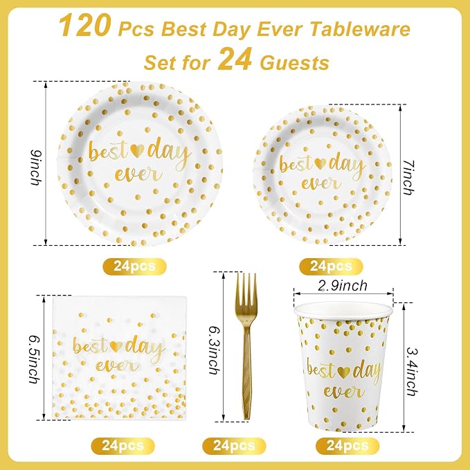 MotiMind 120 Pcs Best Day Ever Wedding Tableware Set Wedding Reception Party Supplies Beverage Table Decorations White and Gold Dot Paper Plates, Cups, Napkins, Forks for 24 Guests