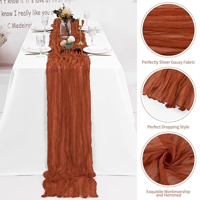 16 Pack Terracotta Cheesecloth Table Runner 120 Inch 10FT Spring Boho Rustic Sheer Gauze Cheese Cloth Table Runner for Wedding Baby Shower Birthday Party Table Decor