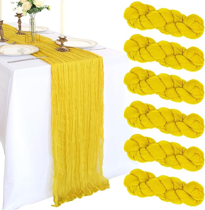 6 Pack 10FT Lemon Yellow Cheesecloth Table Runner 120 Inch Long Gauze Rustic Boho Spring Cheese Cloth Table Runner Sheer Fabric Decorations for Holiday Party Wedding Banquet Bridal Baby Shower Décor