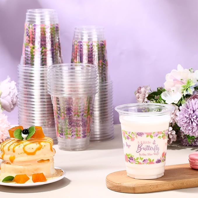 Funnymoom 60 Pack Butterfly Baby Shower Cups, a Little Butterfly Is on The Way Baby Shower Decorations, 12 oz Pink Purple Floral Disposable Clear Plastic Cups for Spring Summer Birthday Party Supplies
