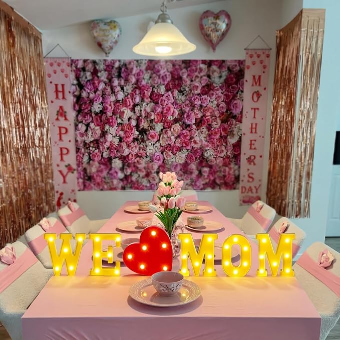 Honoson 6 Pcs Mothers Day Decorations We Love Mom Heart LED Lights up Sign Table Decoration for Mom Birthday Gifts Mothers Day Party Decoration