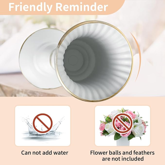 Nuptio 10 Pcs Flowered Metal Trumpet Vase Elegant Wedding Centerpieces Vase for Party Dining Room Decoration, 23.2cm Tall Artificial Flower Arrangements for Anniversary Ceremony, White