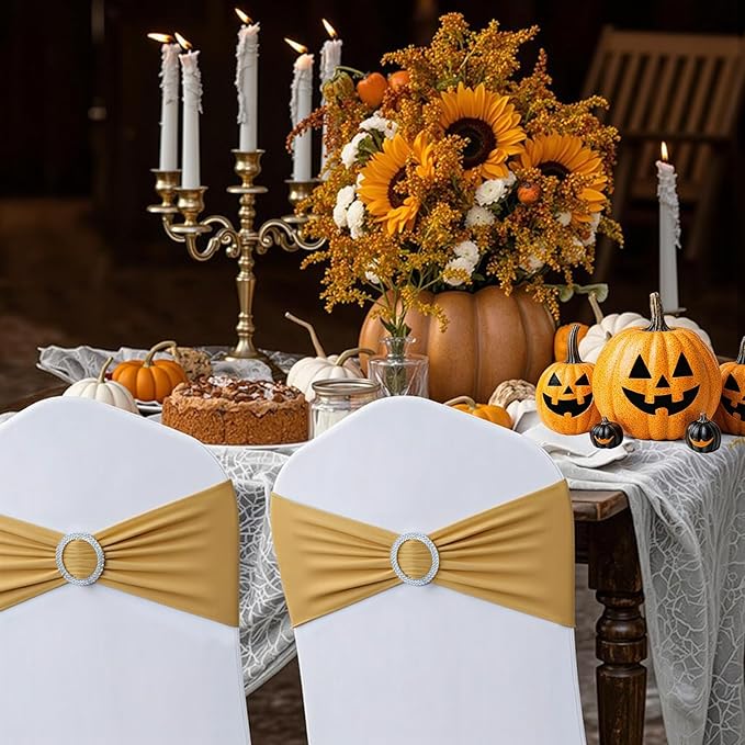 Spandex Chair Sashes Bows - Babenest 30PCS Premium Stretch Chair Cover Band with Buckle Slider Universal Elastic Chair Ties for Wedding Party Ceremony Reception Banquet Decoration (Gold)
