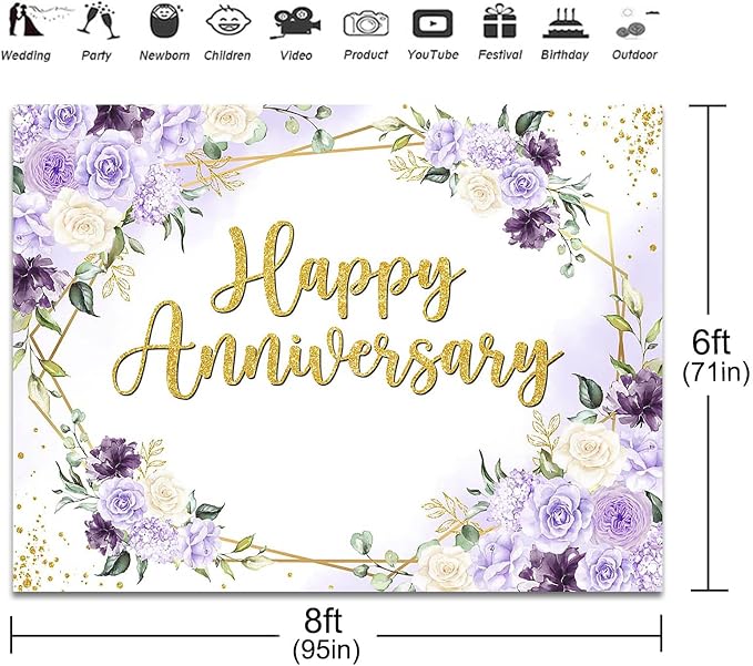 Happy Anniversary Backdrop Purple and White Flowers Anniversary Party Decorations Background Wedding Engagement Bridal Shower Banner Photo Booth Props (8x6ft)