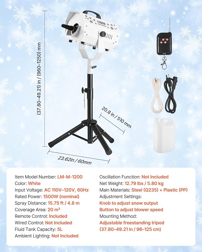 VEVOR Snow Machine, 1500W Snow Maker Machine with Height Adjustable Stand and Wireless Remote Control, High Output Portable Snowmaking Machines for Outdoor Christmas Parties Wedding Stage Effect