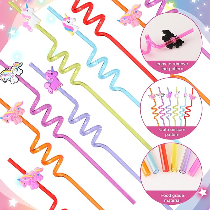 Maxcheck 36 Sets 16 oz Unicorn Party Favors Goodie Cups with Colorful Lids and Straws for Birthday Decorations Reusable Plastic Candy Cups Bulk Plastic Straws for Birthday Party Celebration Gifts