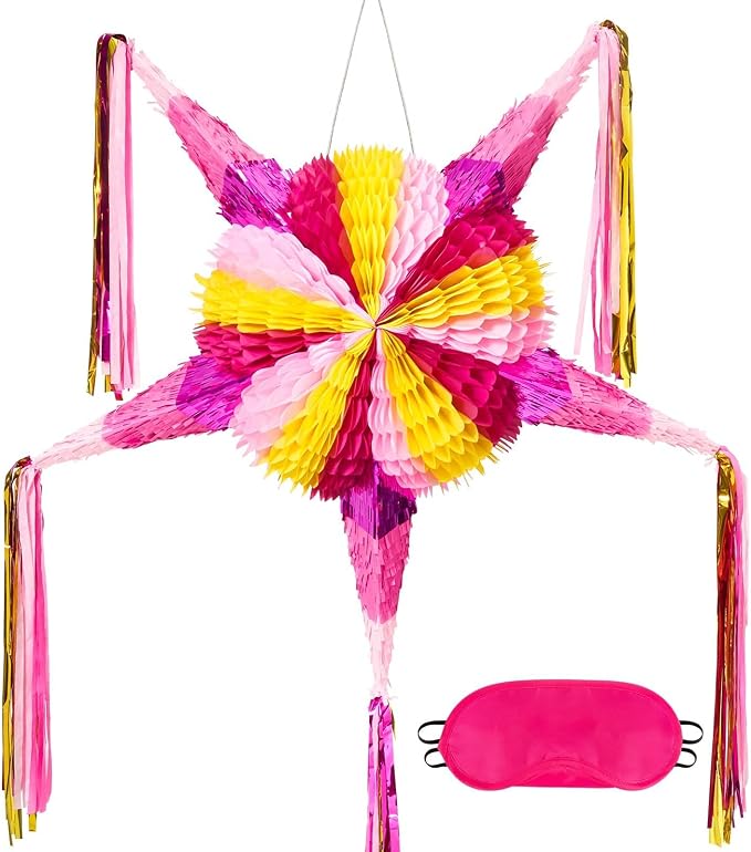 WERNNSAI Large 32" Cinco de Mayo Star Piñata - Foldable Pink Mexican Star Piñata for Kids Girls Pink Piñata Fiesta Party Decorations Luau Event Birthday Party Supplies Mexican Theme Carnivals
