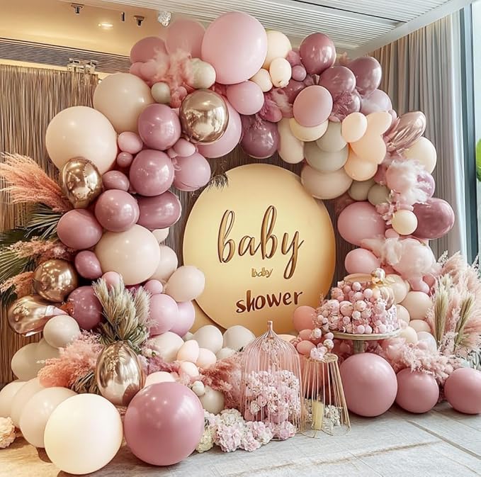 Dusty Pink Rose Balloon Garland Double Stuffed Mauve Light Pink Latex Blush Nude Beige Champagne Gold Balloon Arch Kit for Mothers Day Birthday Baby Shower Neutral Boho Wedding Party Decor