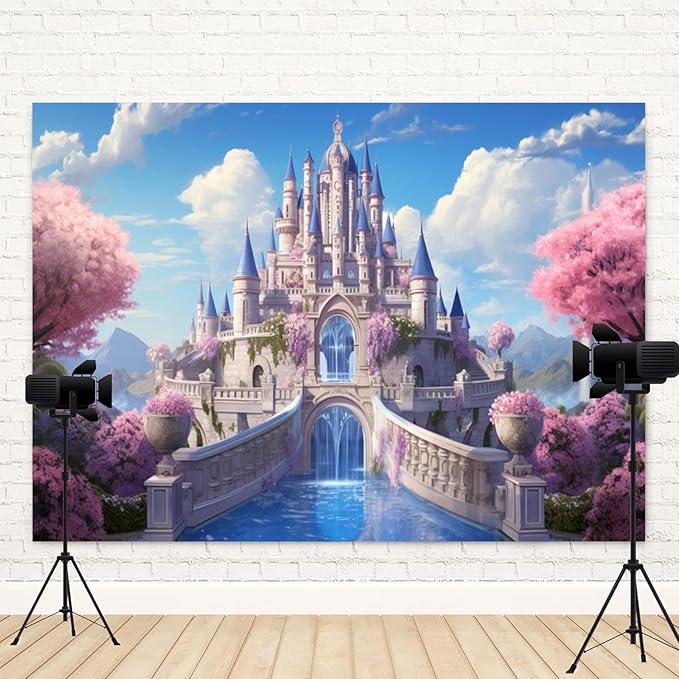 15x10ft Princess Castle Backdrop Pink Floral Blue Sky Photography Background White Cloud Forest Mountain Girls Birthday Baby Shower Banner Decorations Wedding Party Portrait Photo Booth Prop