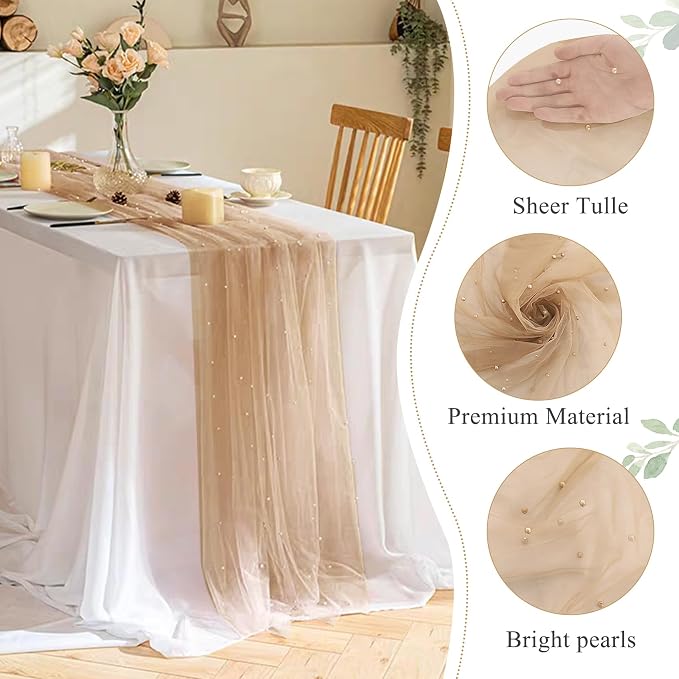 Set of 6 Pearl Table Runner 29 x 120 Inch Tulle Fabric Lace Table Runners for Bridal Shower Birthday Party Wedding Arch Dessert Table Decor(Nude)