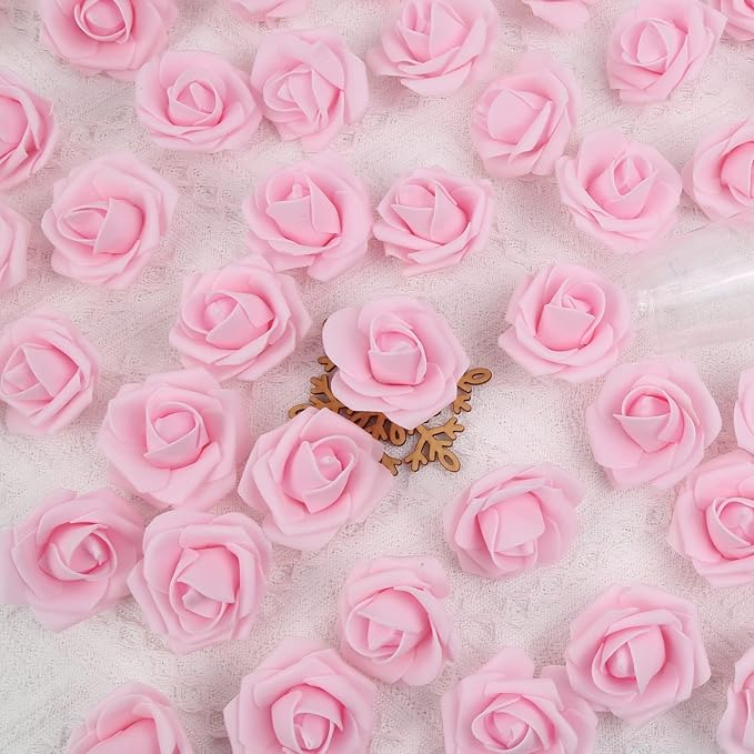 200Pcs Light Pink Artificial Rose Flower Heads,INSUNSIX 1.97in Foam Roses Stemless Flowers for DIY Crafts Weddings Bouquets Party Decoration(Light Pink)