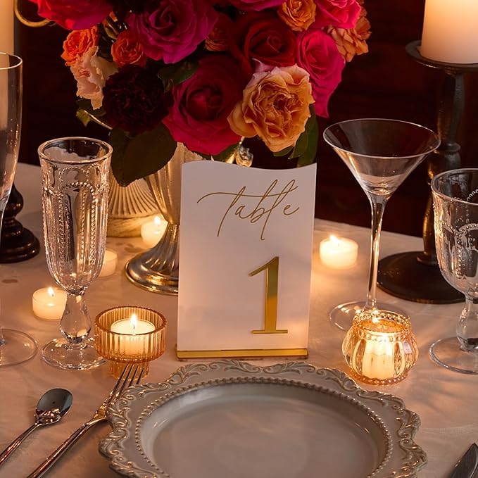 Gold Mirrored Acrylic Wedding Table Numbers 1-15 Set, Self-Standing Modern Arched Signs for Reception Seating, Anniversary & Bridal Shower, Elegant Wedding Decor (5x7 Inches)