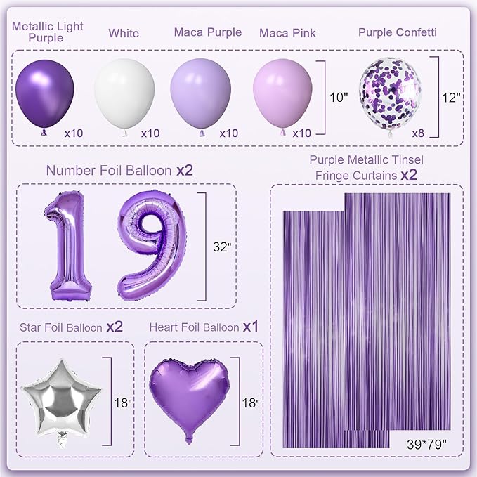 19th Purple Birthday Decorations for Women, Purple Pink 19th Birthday Decorations Butterfly Theme Lavender Party Decor Set with Number Balloons, Banner, Sash, Butterfly Stickers