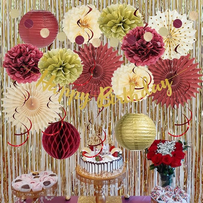Burgundy Birthday Decorations for Women Maroon and Gold Party Decorations Tissue Paper Pom Poms Paper Fans Lanterns Maroon Birthday Decorations with Happy Birthday Banner Gold Circle Garland