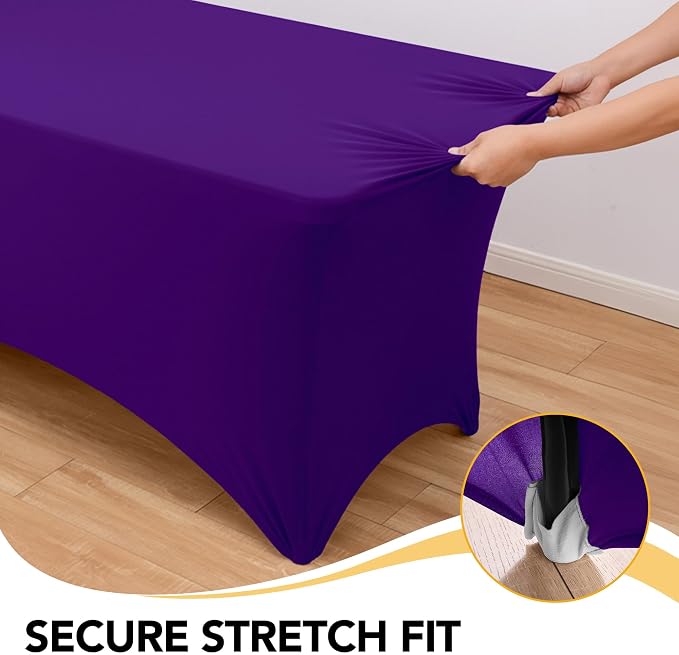 6-Pack Premium Purple Spandex Tablecloths for 8ft Rectangle Tables, Stain & Wrinkle-Resistant, Washable Stretch Polyester Fitted Table Cover for Weddings, Banquets, Trade Shows Events