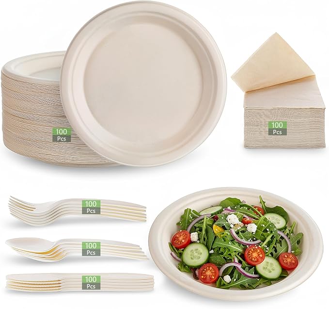 500Pcs Compostable Paper Plates Set Party Supplies Severs 100 Guests Disposable Party Plates Heavy-duty Utensil Disposable Party Plate Fork Knives Spoon Napkin Dinnerware for Birthday Wedding Camping