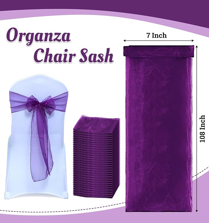 MDS® Pack of 200 Organza Chair Sashes for Wedding Decoration, Reusable Sheer Chair Bows for Banquet Chair Cover, Reception, Bridal Shower, Baby Shower, Birthday Party & Special Events - Dark Purple
