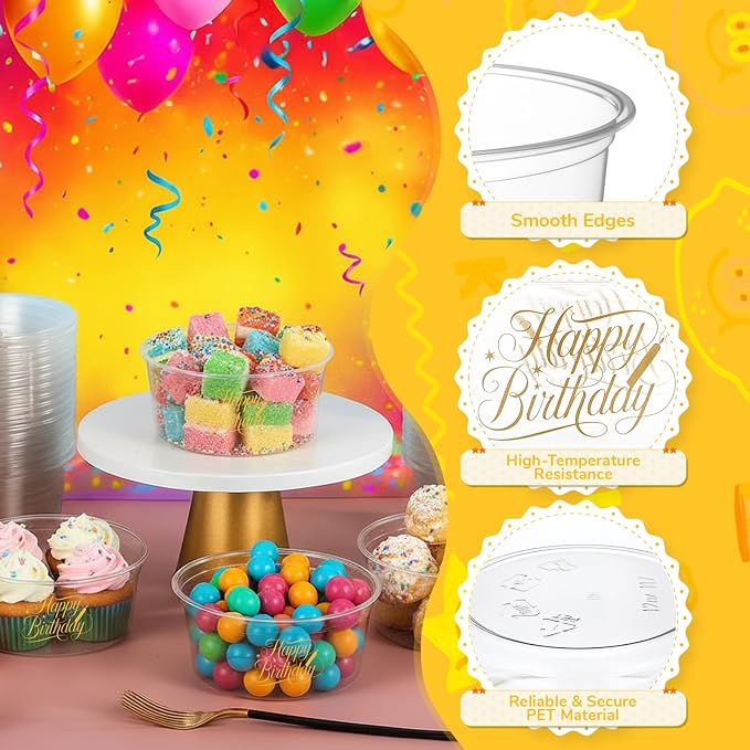 SiliFine 100 Pcs Birthday Plastic Bowls 12 oz Birthday Cups Disposable Clear Serving Bowls Dessert Cups for Ice Creams Desserts Parfaits Snacks Party Favors Supplies Decoration