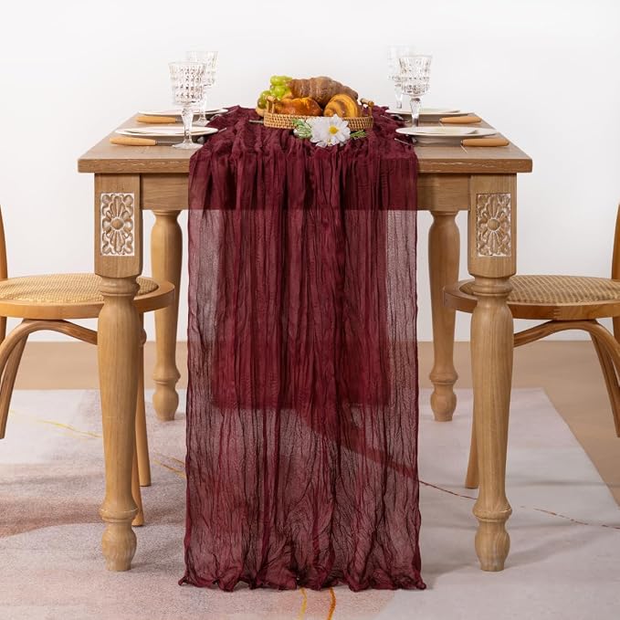 MLMC 2 Pack Burgundy Red Table Runner 10ft Wine Red Cheesecloth Table Runner Sheer Gauze Cheese Cloth Centerpiece 35x120 Inches for Wedding Bridal Shower Anniversary Events Decor