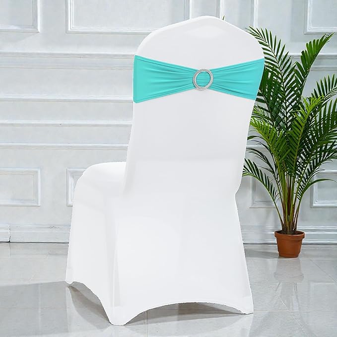 VDS - Aqua Blue | Spandex Chair Sashes Bows | 300 PCS | Stretch Elastic Banquet Universal Folding Chair Band Tie with Silver Buckle Slider for Wedding Party Conference Celebration Event Decoration