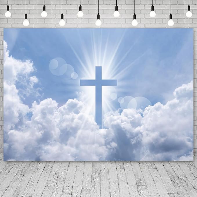 12x10ft Christian Cross Backdrop Holy Crucifix Heaven Sky Cloud Photography Background Lord Pray Resurrection of Jesus Easter Banner Decorations Church Events Portrait Photo Booth Prop