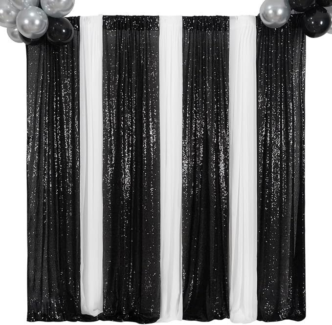 Poise3EHome Black Sequin Backdrop Curtain, 2 Panels 2Ft x 8Ft Glitter Photography Background for Party Baby Shower Wedding Birthday Christmas Thanksgiving Halloween Decoration