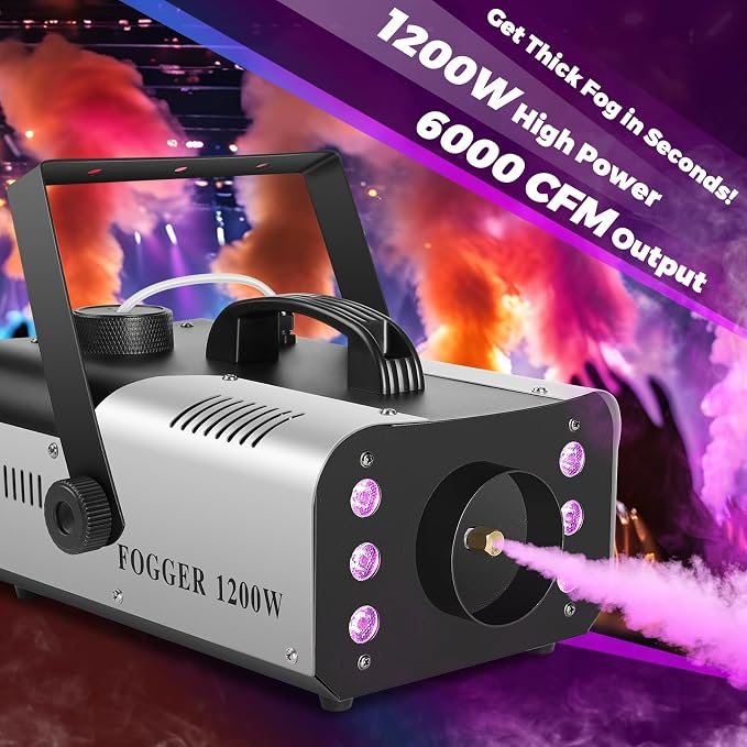 1200W Fog Machine, Halloween Smoke Machine with 14 Colors Lights & Wireless Remote Control, 6000CFM Haze Machine for Wedding, Party, Stage, Indoor, Outdoor.