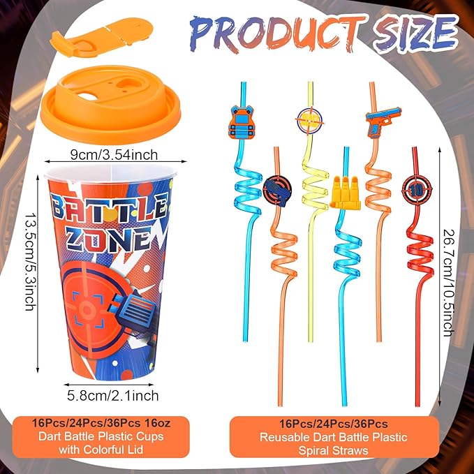 Yungyan 36 Sets Dart Battle Party Favors Goodie Cups with Lids and Straws for Birthday Decorations Reusable 16oz Plastic Candy Cups Plastic Straws for Birthday Party(Dart Battle)