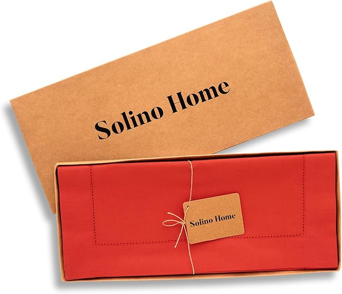 Solino Home Table Runner 108 Inches Long - Cotton Linen Hemstitch Poppy Red Table Runner 14 x 108 Inch for Mothers Day, Memorial Day