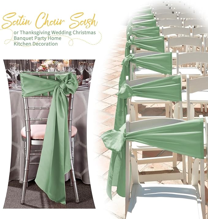120 PCS Sage Green Satin Chair Sashes, Ties Bows Designed Chairs Decorative, Chair Cover Sashes for Thanksgiving Wedding Christmas Banquet Party Home Kitchen Decoration (7 x 108 inch)