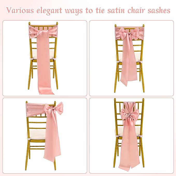 120 PCS Rose Gold Satin Chair Sashes, Ties Bows Designed Sashes for Washable Reusable Chair Covers Supplies for Wedding Reception Events Banquets Party Hotel Event Aisle Decorations (7 x 108 inch)