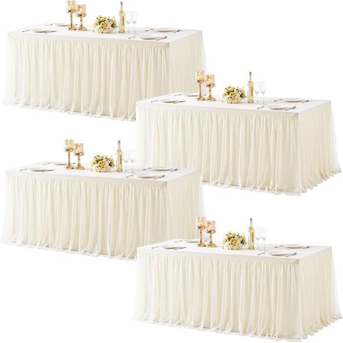 Ivory Fitted Tablecloth Rectangle 6 Foot Stretch Elastic Tulle Ruffle Tablecloths Rectangular Spandex Table Covers 6ft Birthday Baby Shower Party Wedding Table Cloths with Skirt 4Pack