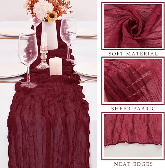 10FT 12 Pcs Burgundy Cheesecloth Table Runner Gauze Fabric Boho Cheese Cloth Table Runner Rustic Semi Sheer Runner for Wedding Holiday Bridal Shower Birthday Party Table Decor (35 x 120 Inches Long)