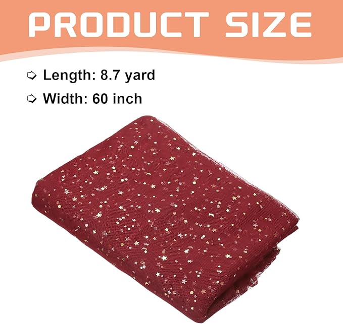 uxcell 60" x 8.7 Yard Tulle Fabric Star Moon Sequin Tulle Ribbon Rolls for Wedding Party Backdrop Stage Tutu Dress Bridal Veil DIY Sewing Crafts Decoration, Burgundy