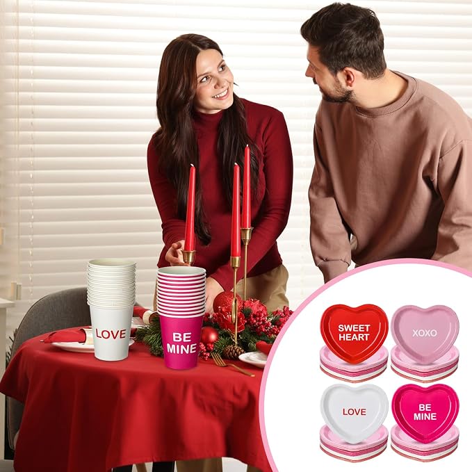 Maxcheck 196 Pcs Conversation Heart Party Supplies Valentine's Day Party Tableware Decorations Heart Disposable Paper Plates Napkins Cups for Valentine Anniversary Birthday Wedding, Serves 48 (Bright)