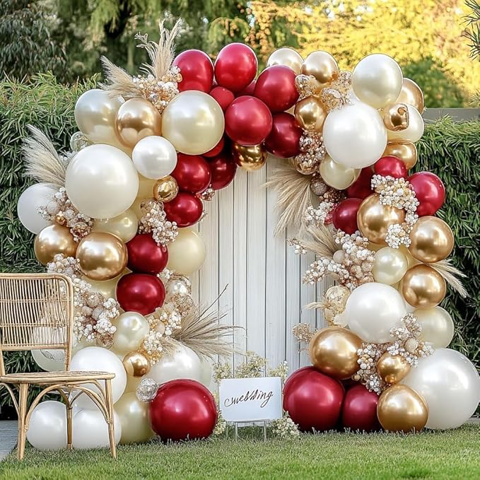 Burgundy Gold Balloons Garland Double Stuffed Pearl White Gold Maroon Wine Red Balloon Arch Kit for Wedding Baby Shower Mother's Day Birthday Party Decoration