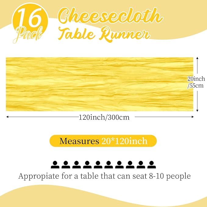 16 Pack Lemon Yellow Cheesecloth Table Runners 20x120 Inch Gauze Table Runner 10FT Easter Cheese Cloth Table Runner Rustic Sheer Runner for Wedding Baby Shower Birthday Party Table Decor