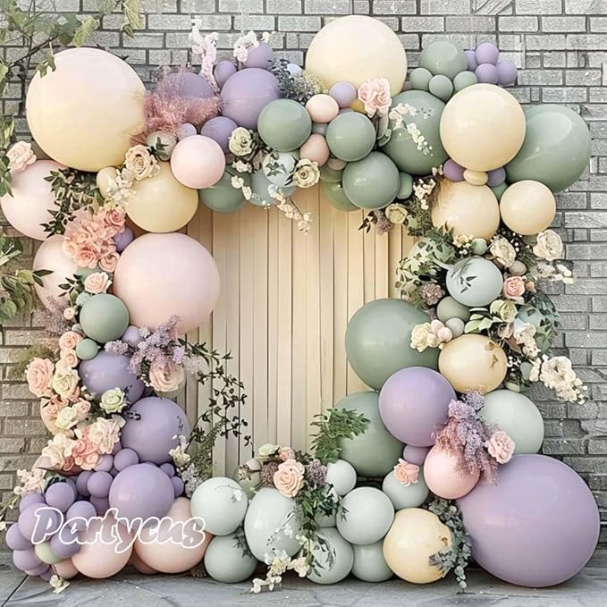 Dusty Green Purple Pink Balloon Arch, Double Stuffed Lavender Light Sage Green Ivory Blush Pastel Balloon Garland Kit for Baby Shower Birthday Wedding Bridal Wild-Flower Easter Party Decoration