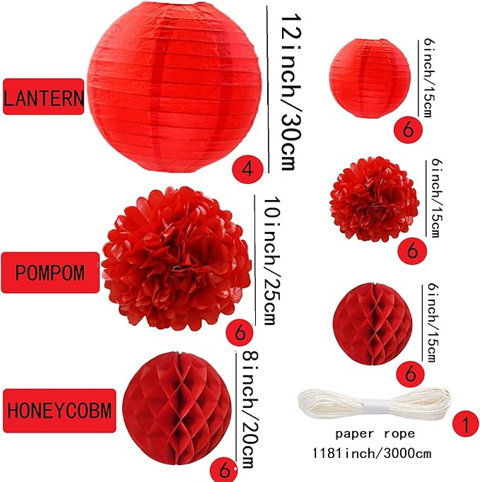 WOLHOWLTD Red Paper Decoration Set - 34 Pcs Paper Lanterns, Pompoms, Honeycomb for Wedding, Valentine's,School Day,Bridal Shower,Birthday Party,Home Garden Decoration(red)