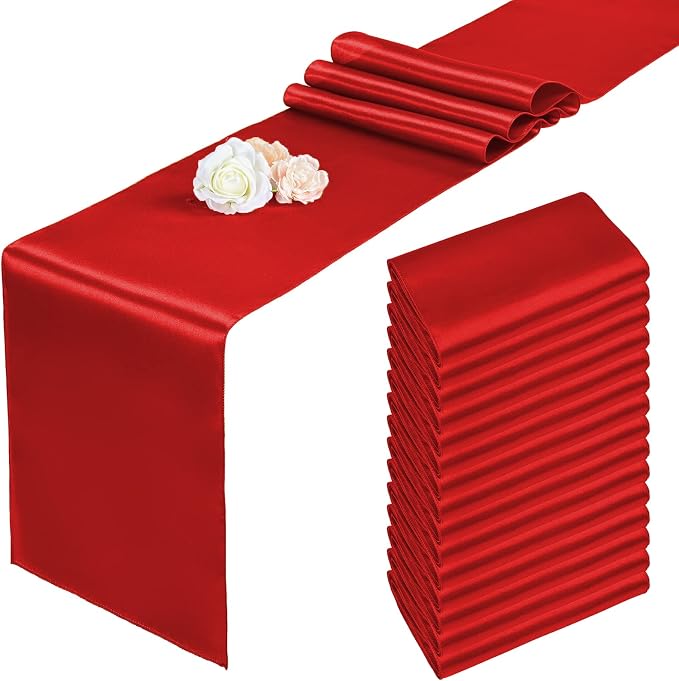 15 Pack Red Table Runner 12 x 108 Inch Long Table Runner for Party, Smooth Satin Fabric Table Decor for Wedding, Birthday Party Banquets Graduation Engagements Decoration