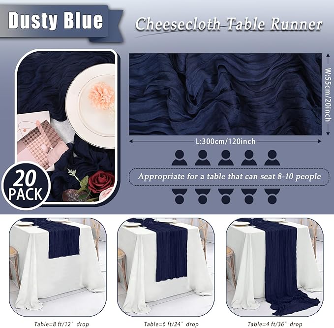 20 Pack Navy Blue Cheesecloth Table Runner 17x108 Inch Semi Sheer Boho Rustic Gauze Cheese Cloth Table Runners for Wedding Party Birthday Baby Shower Home Décor