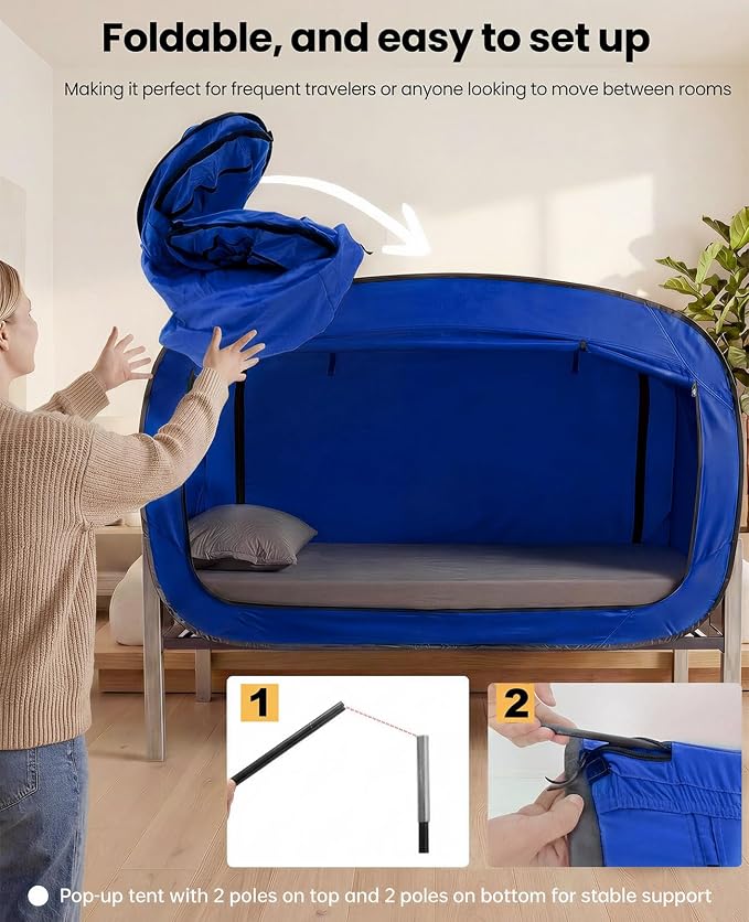 ANC POP Bed Tent Twin Bed Canopy Portable Dream Tent for Adult Indoor Sleeping Tents with 2 Doors Breathable Private Space Tents, Blue